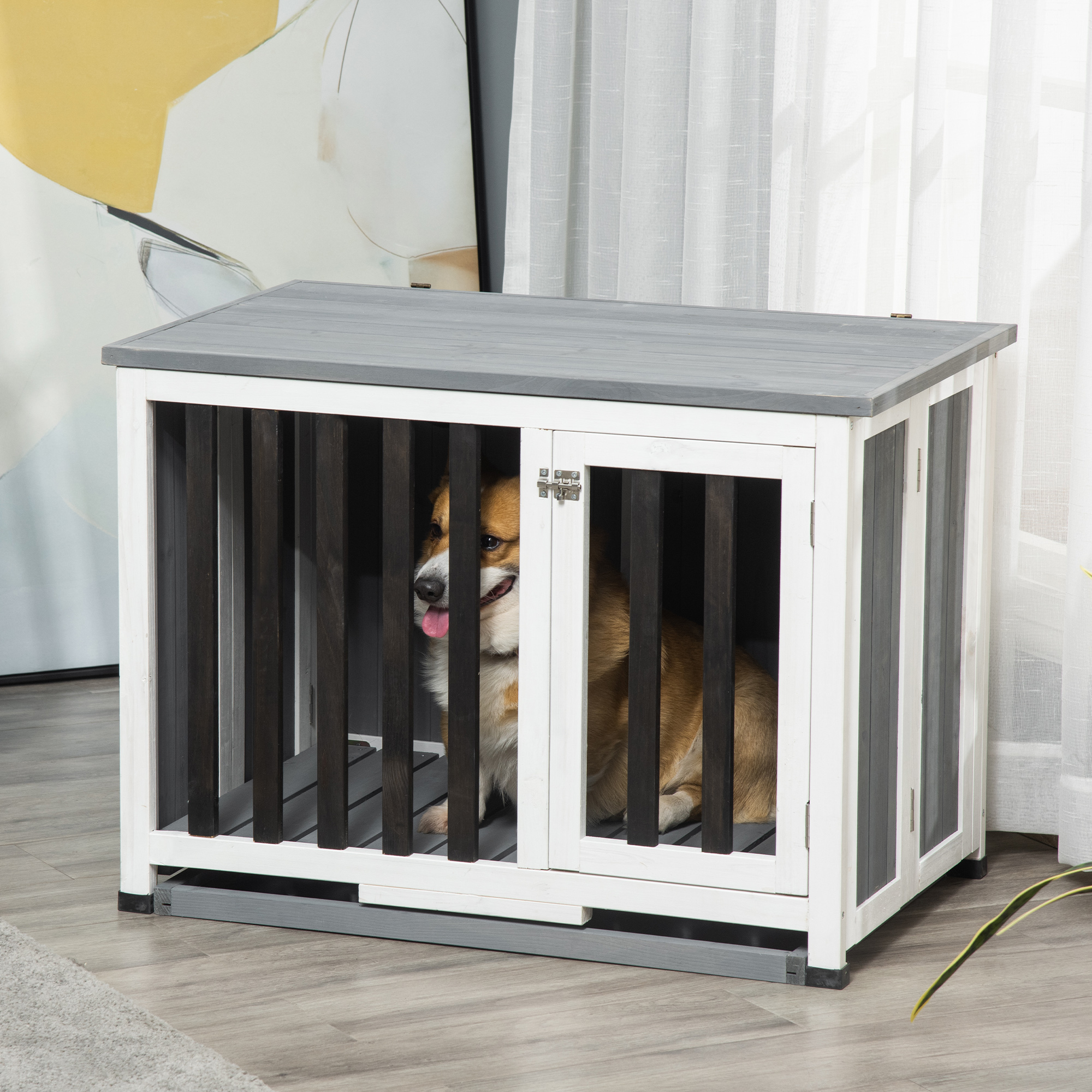 Gaiola dobrável PawHut para uso doméstico, 84,5 x 51,4 x 61 cm, móvel de madeira para cães com teto articulado e bandeja removível, cinza.