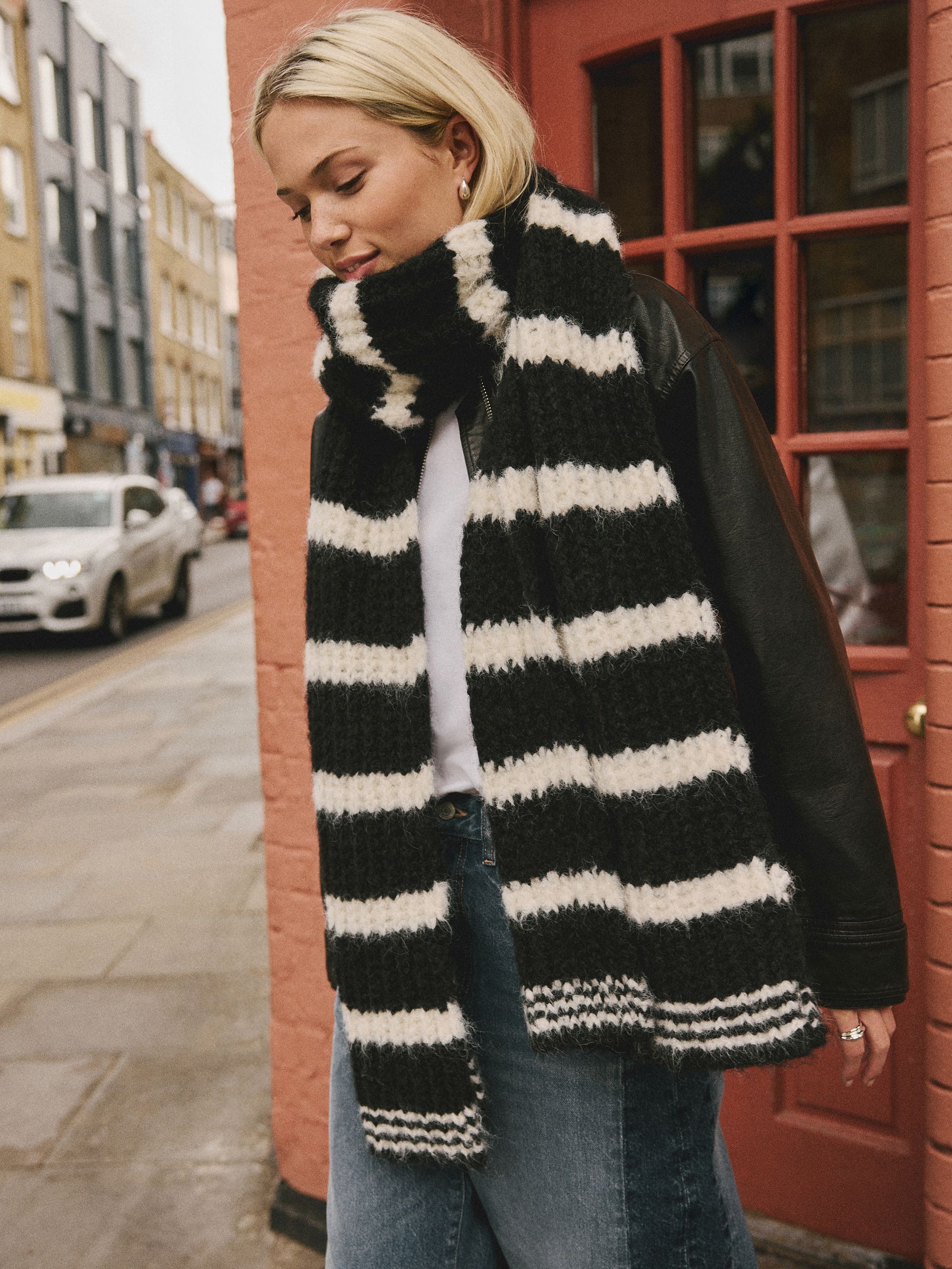 Zwart/wit - Knitted Wool Blend Striped Scarf