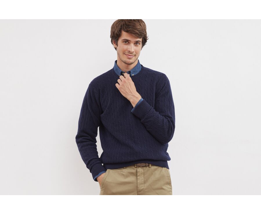 Pull laine torsadée homme col rond Bleu marine - CONTOR