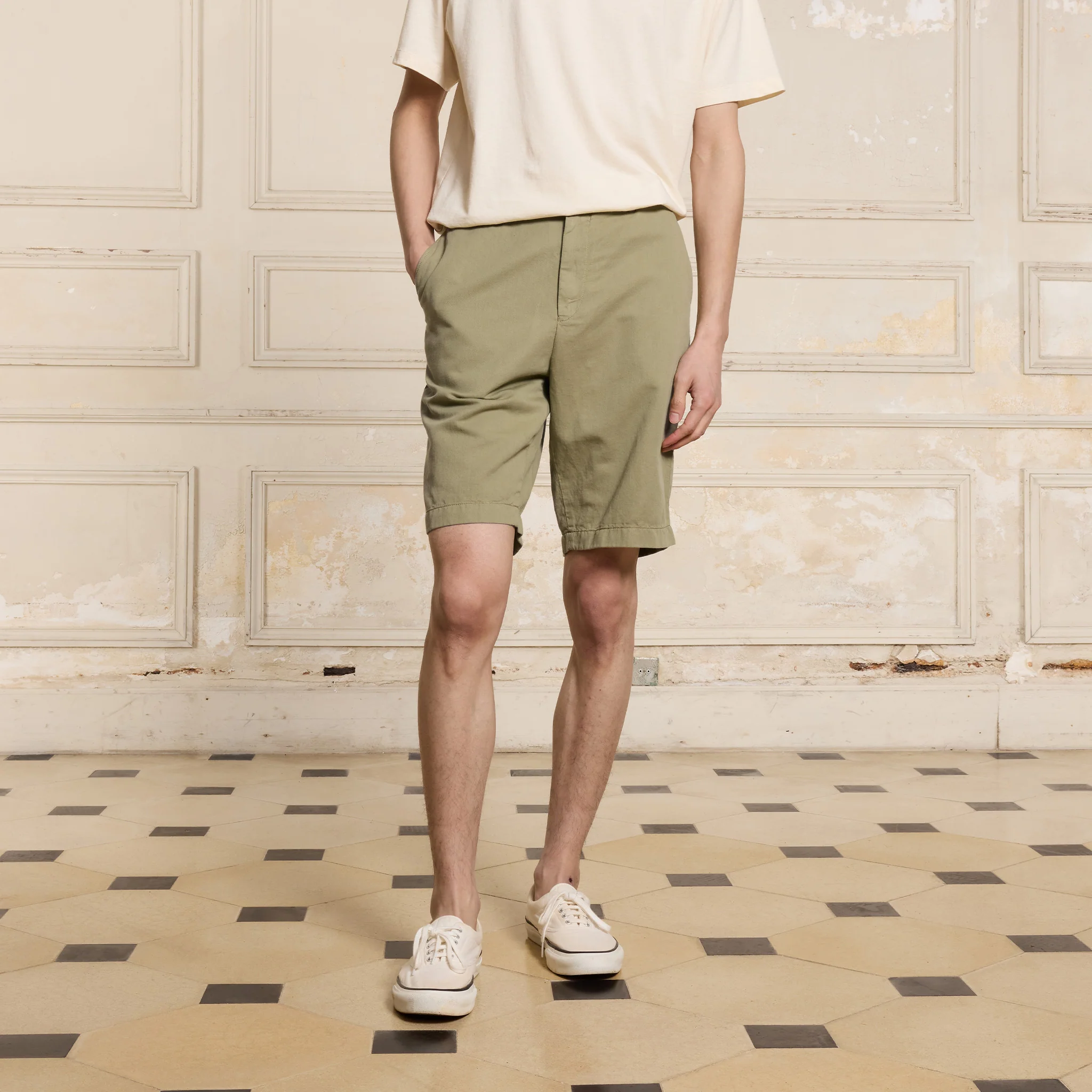 Light khaki cotton and linen shorts