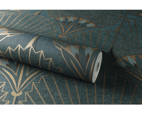 Vliesbehang A54902 Nijlpalm blauwgroen