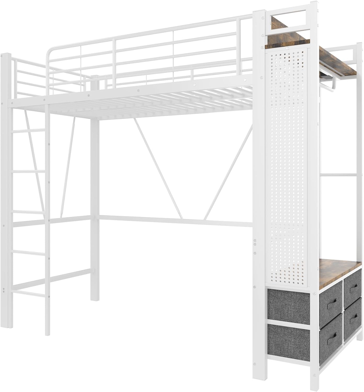 Kebnor Hochbett, Eisenrahmen, Mit Trockenstab, Mit Einlegeböden, 4 Schubladen, Mit USB+Type-C Steckdose, LED-Leiste, Geländer, Trittleiter, mit Lochbrett, ohne Matratze, 90 x 200cm (Weiß)