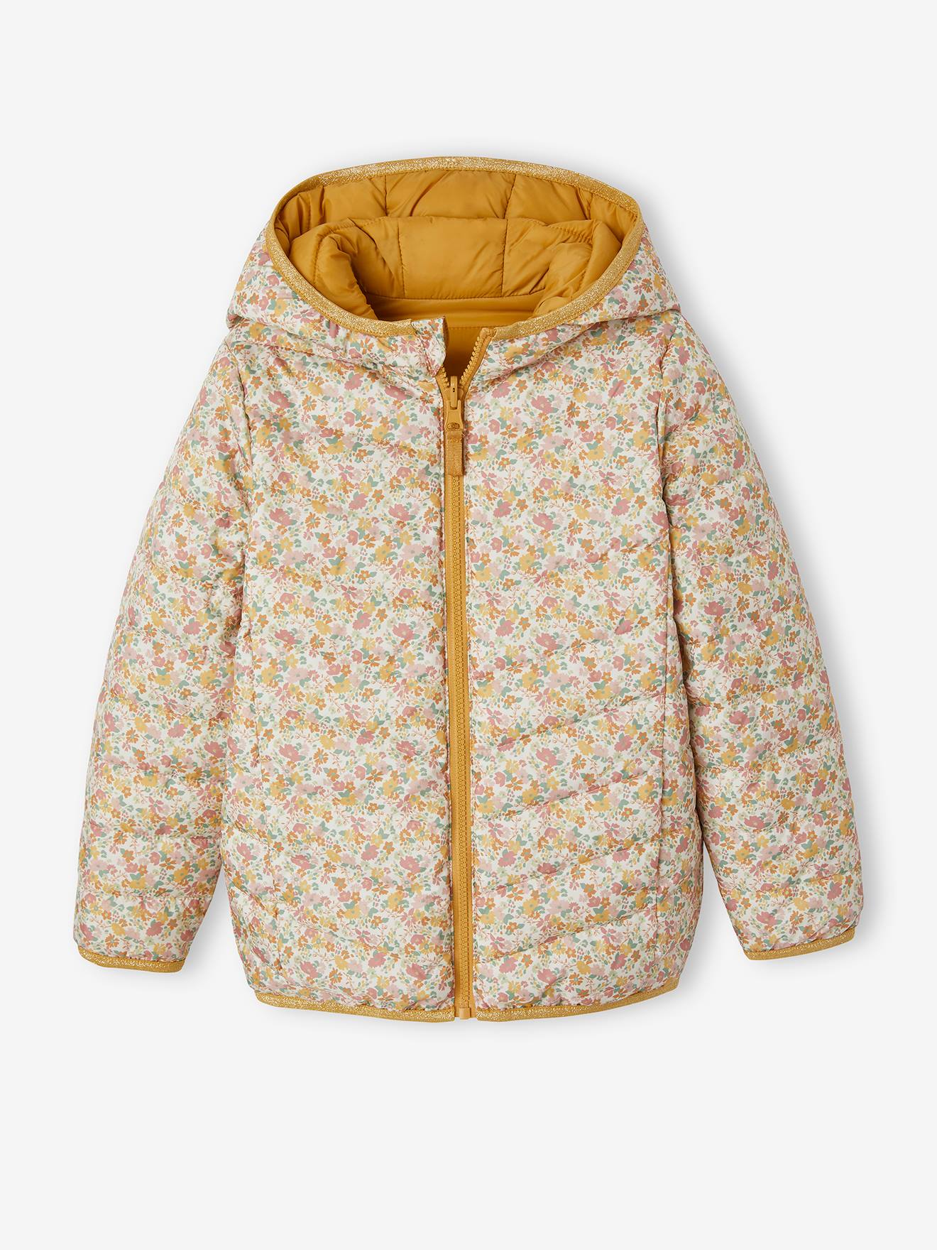 Jaqueta reversível leve com capuz para meninas, estampa rosa vibrante.