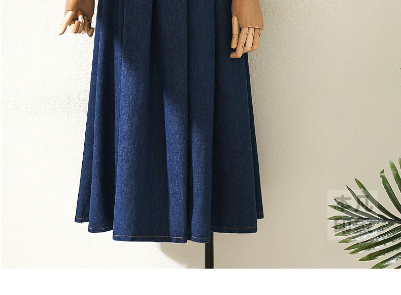 Rusutsu - Accordeon geplooide denim midi A-lijn rok met hoge taille