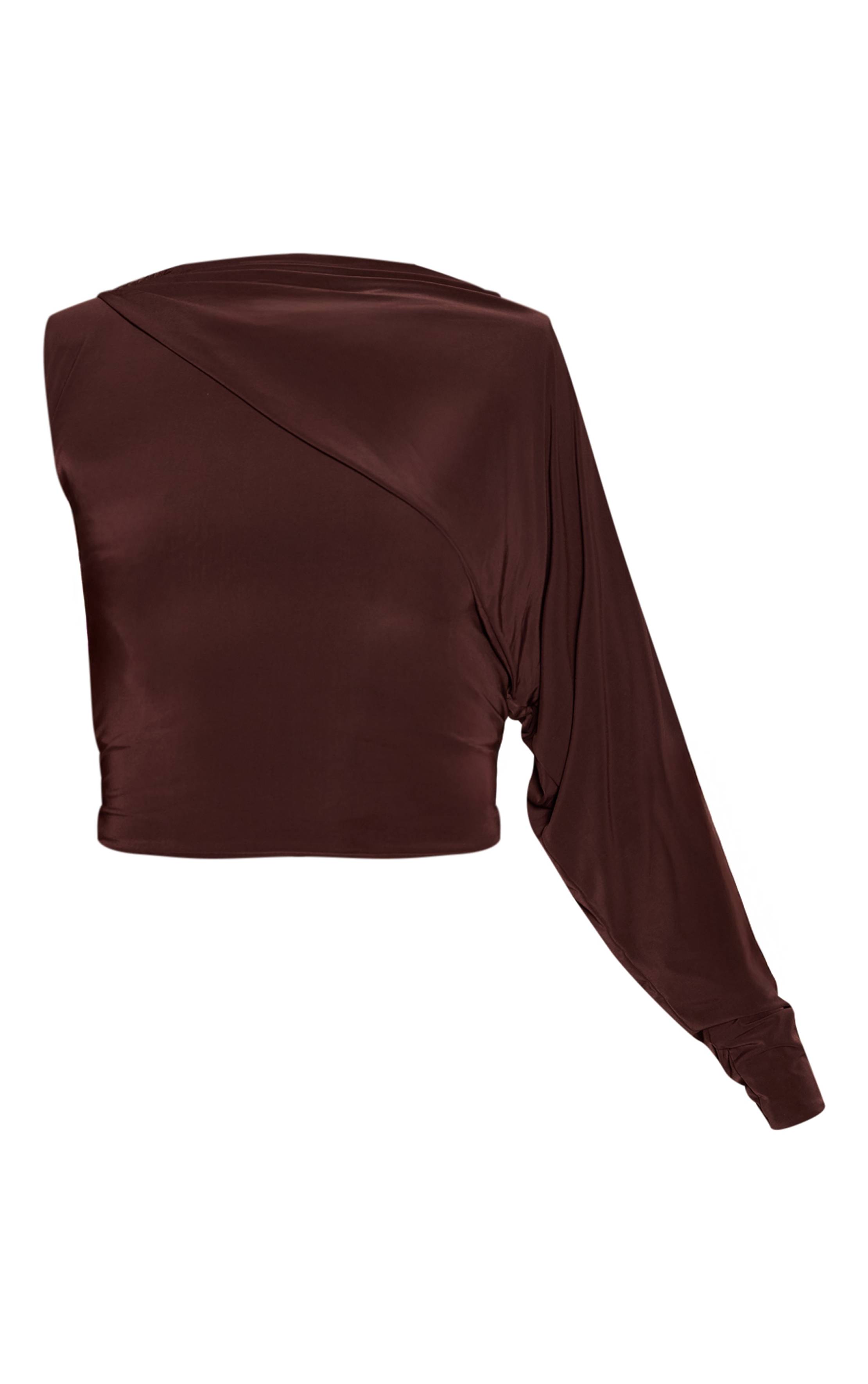 Marron Foncé Haut Moulant Asymétrique À Manche Unique Avec Détails Drapés