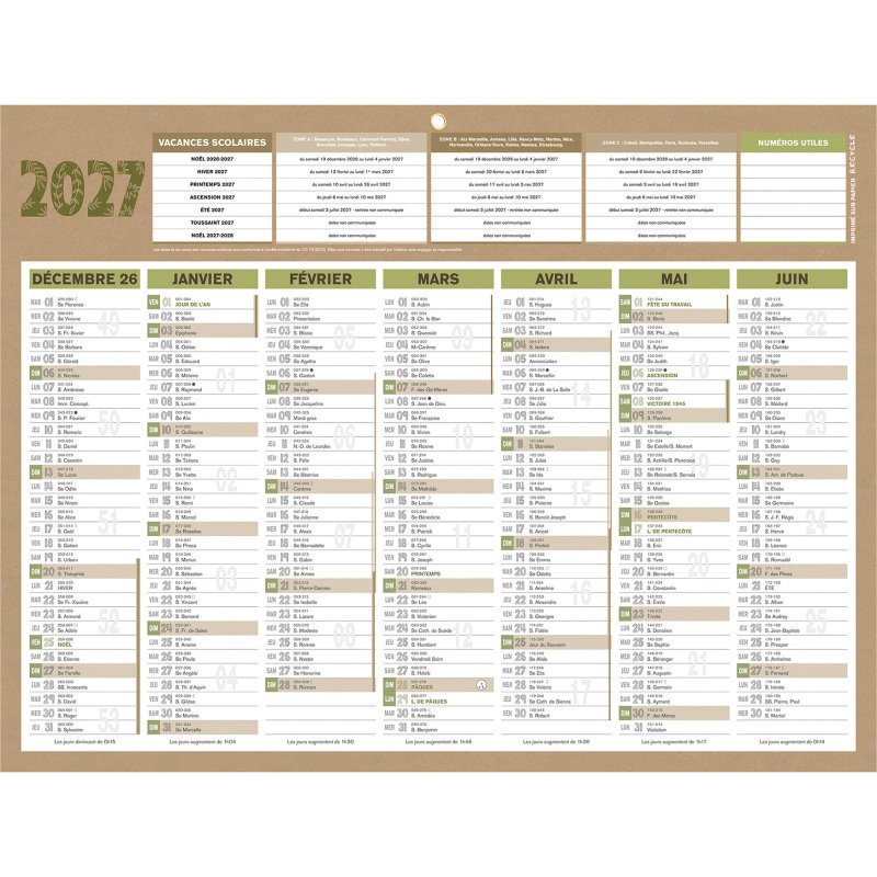 Calendrier semestriel mural 2027 - Or - L 42 x 32 cm