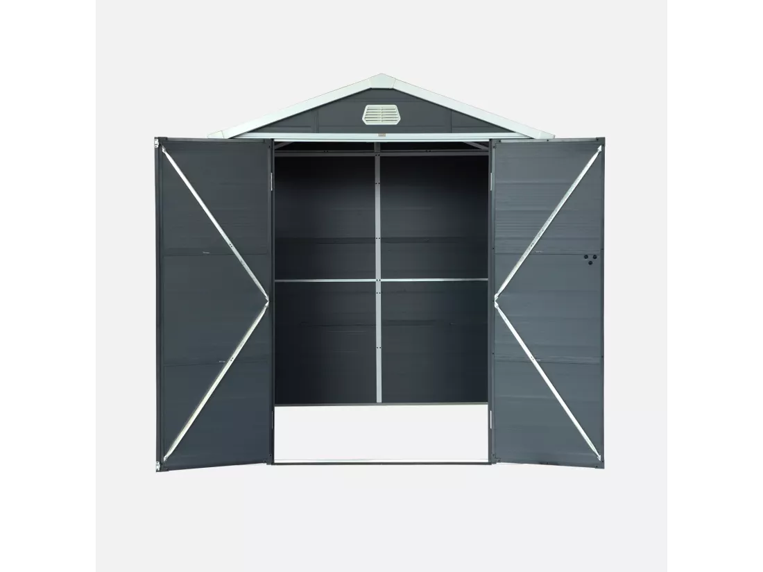 Abri de jardin plastique 3.65 m². anthracite. acier et aluminium. toiture en double pente et grande porte d'entée. 192 x 190 x 219cm