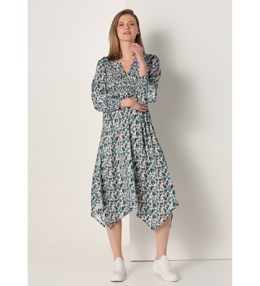 Vestido longo Lois em cetim com pregas camufladas verdes.