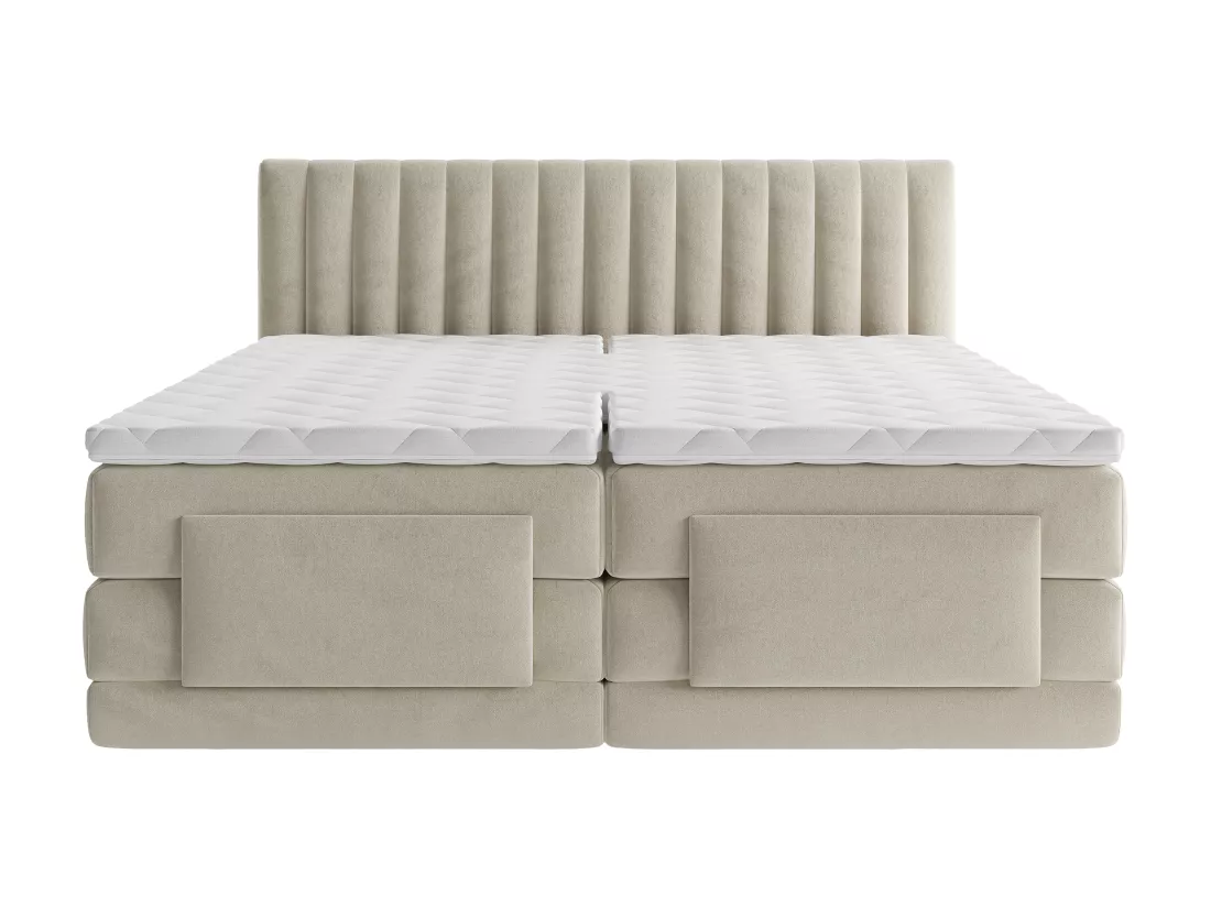 Ensemble complet boxspring tête de lit coutures verticales + sommiers relaxation électrique + matelas + surmatelas - 2 x 90 x 200 cm - Velours - Beige - DONISI de PALACIO