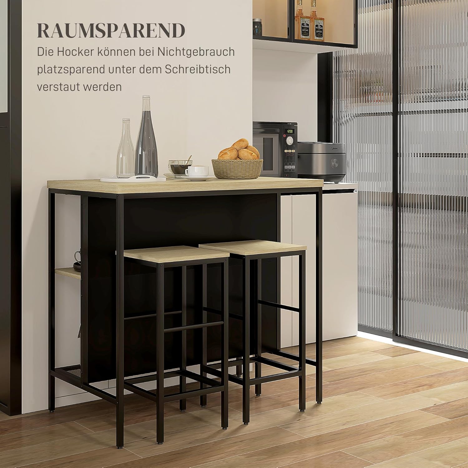 HOMCOM Bartisch mit Barhocker Set, 3-TLG. Bartisch-Set inkl. Küchentisch mit 2 Barhockern, 2 Ablage, Essgruppe im Modern-Stil, für Küche, Esszimmer, Stahl, Eiche