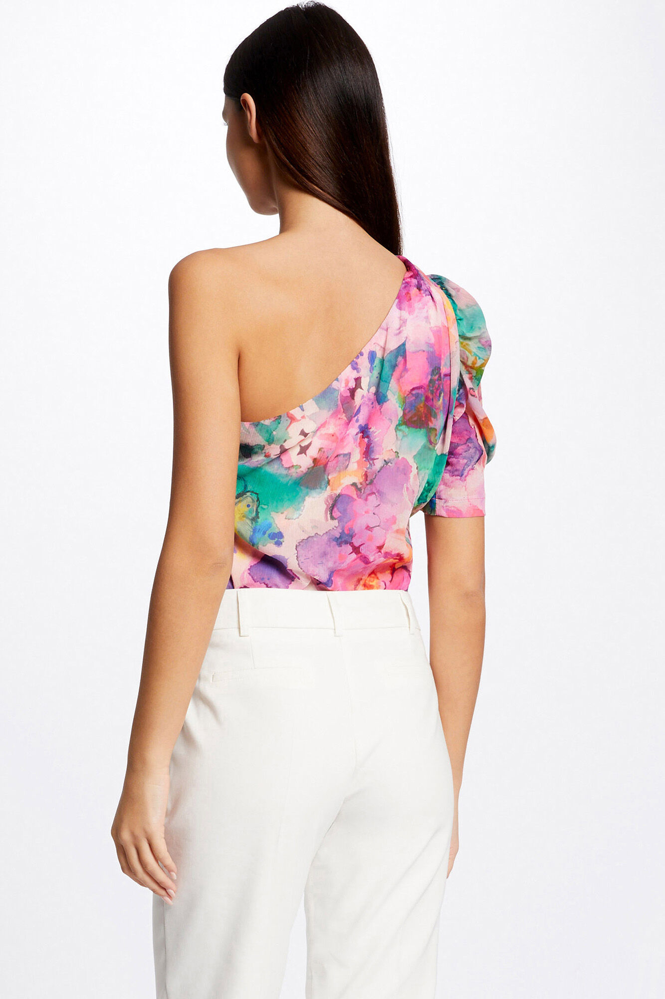 Blusa assimétrica com estampa floral - Multicolorida