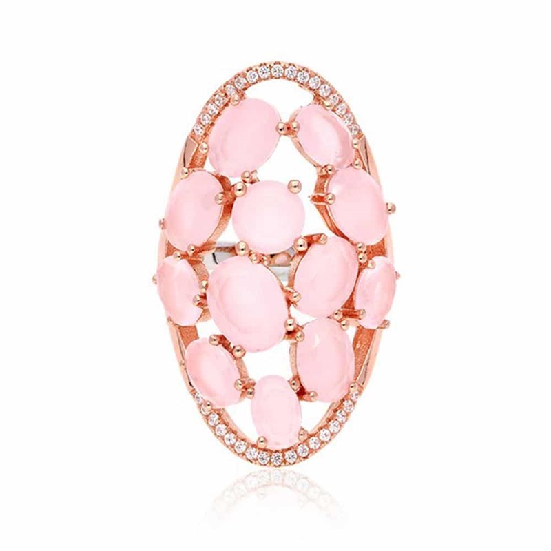 Bague Argent Rose Asymétrique Pierres Rose