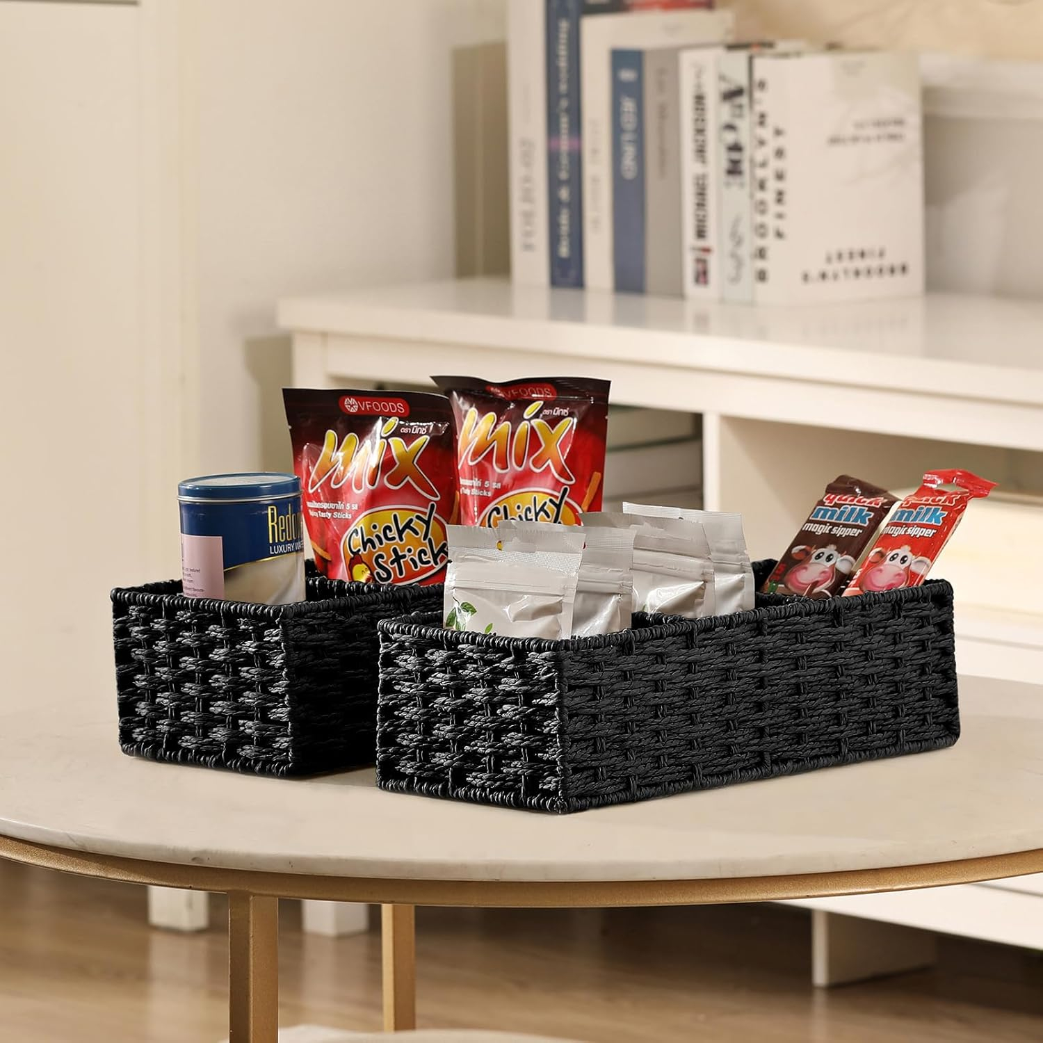 (36x15cm) Rattan Aufbewahrungs Korb Deko Organizer mit 3 Fächern für Badezimmer / Küche / Wohnzimmer - Schwarz