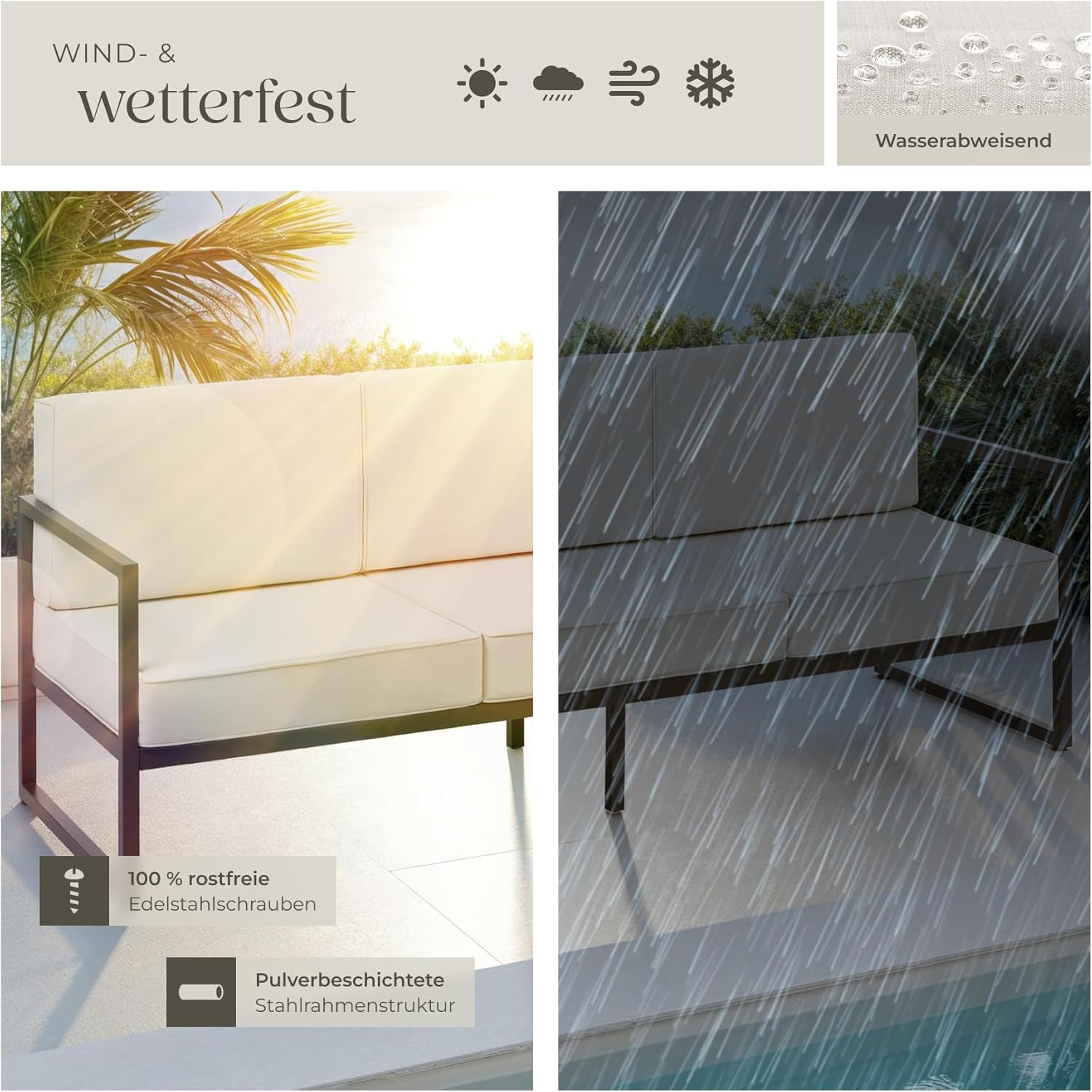 tectake® Garten Lounge Sofa 3 Sitzer, Couch, Gartenmöbel, Balkonmöbel, Terrassenmöbel, Wintergarten Lounge Möbel Outdoor, Gartenbank wetterfest, Sitzbank mit Lehne, Gartenlounge - 3 Sitzplätze