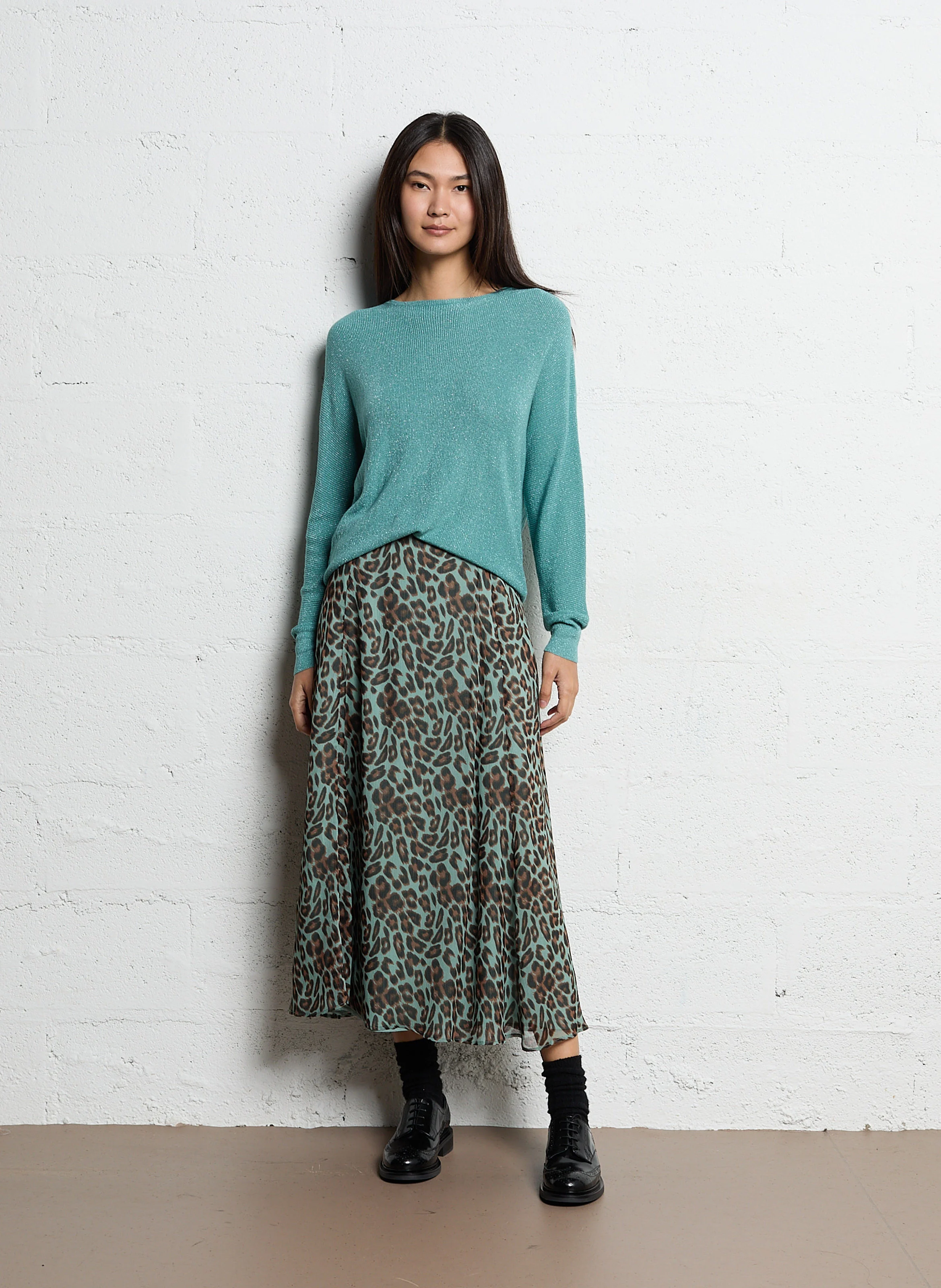 MACARENY - Pull droit col bateau en maille lurex | Vert