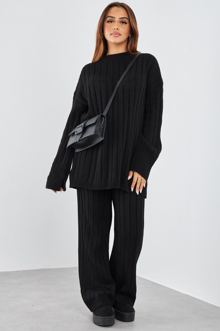 Ensemble 2 pièces pull long + pantalon en laine noir