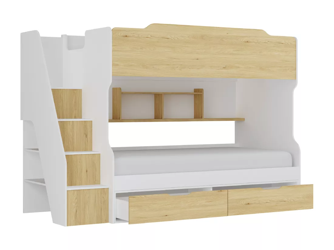 Lit superposé 90 x 190 cm - Avec rangements - Coloris : Blanc et naturel - YALOVA