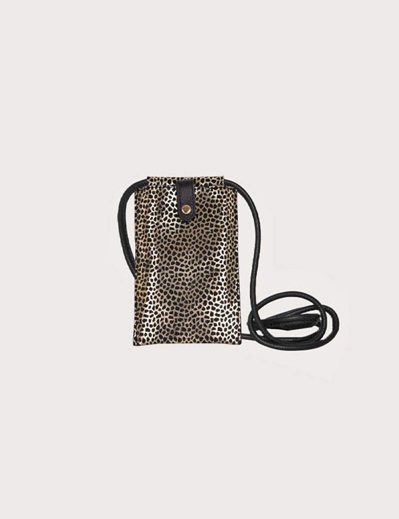 PIECES POCHETTE TÉLÉPHONE EN CUIR DAINO NOIR ET DORÉ