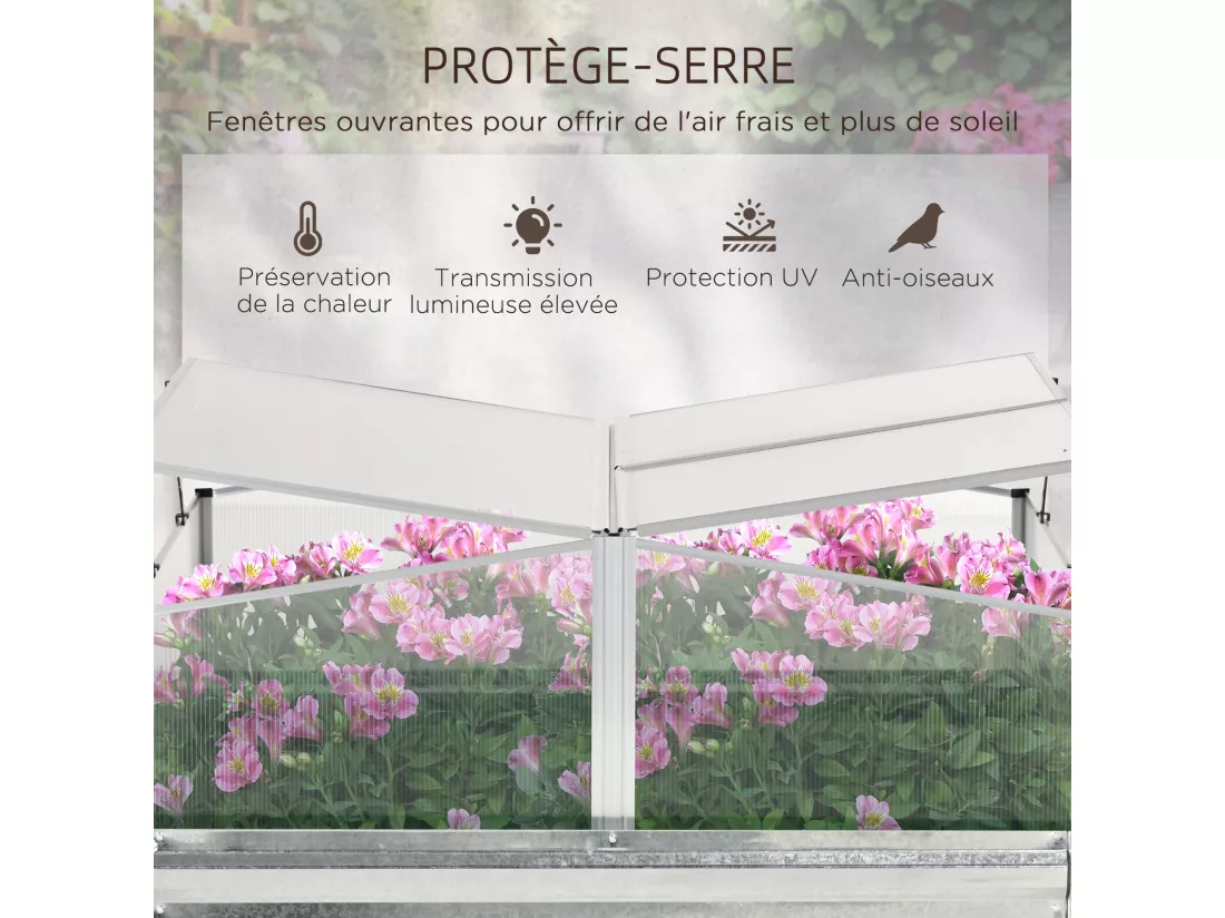 Mini serre de jardin carré potager 2 lucarnes dim. 126L x 107l x 67H cm alliage alu. acier galvanisé ondulé polycarbonate