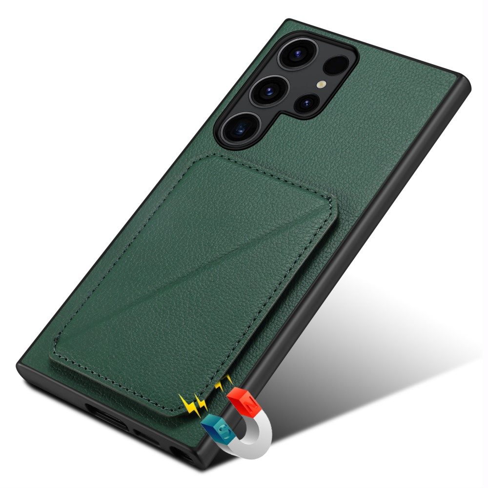 Samsung Galaxy S24 Ultra Leder Hülle mit Kartenfach   Origami Kickstand Aufsteller im Litchi Look - Dunkelgrün