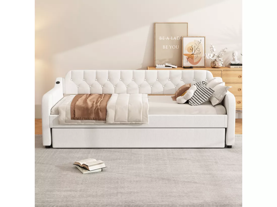 Lit gigogne 90/180x200cm, canapé lit extensible, méridienne avec port USB, sans matelas, beige