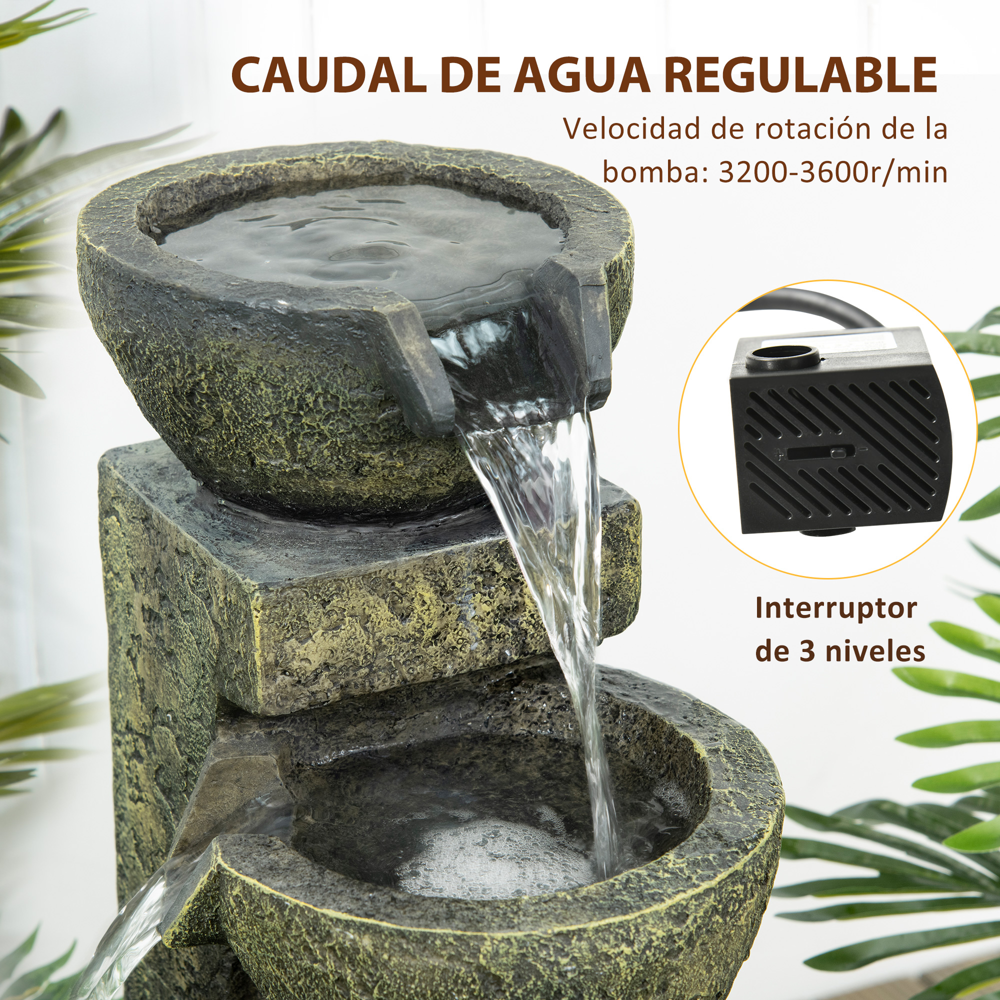 Fonte de jardim Outsunny 5W, fonte de cascata de 4 níveis com bomba de água e saída de água ajustável para decoração de pátio, 25x24x60 cm, multicolorida