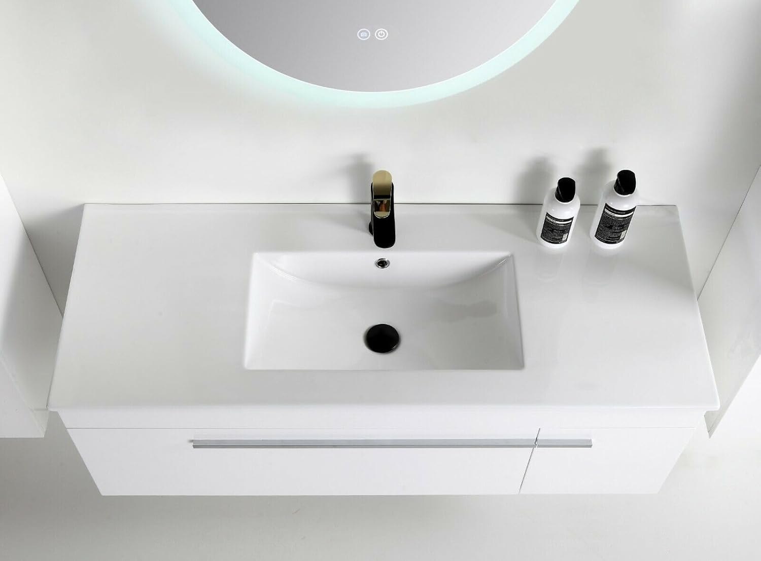 Faizee Möbel | Badmöbel-Set 90 cm in Weiß Hochglanz | Keramik-Waschbecken & Runder LED-Spiegel | Modernes Badezimmermöbel-Set ohne Schränke – Stilvolle Einrichtung für jedes Bad