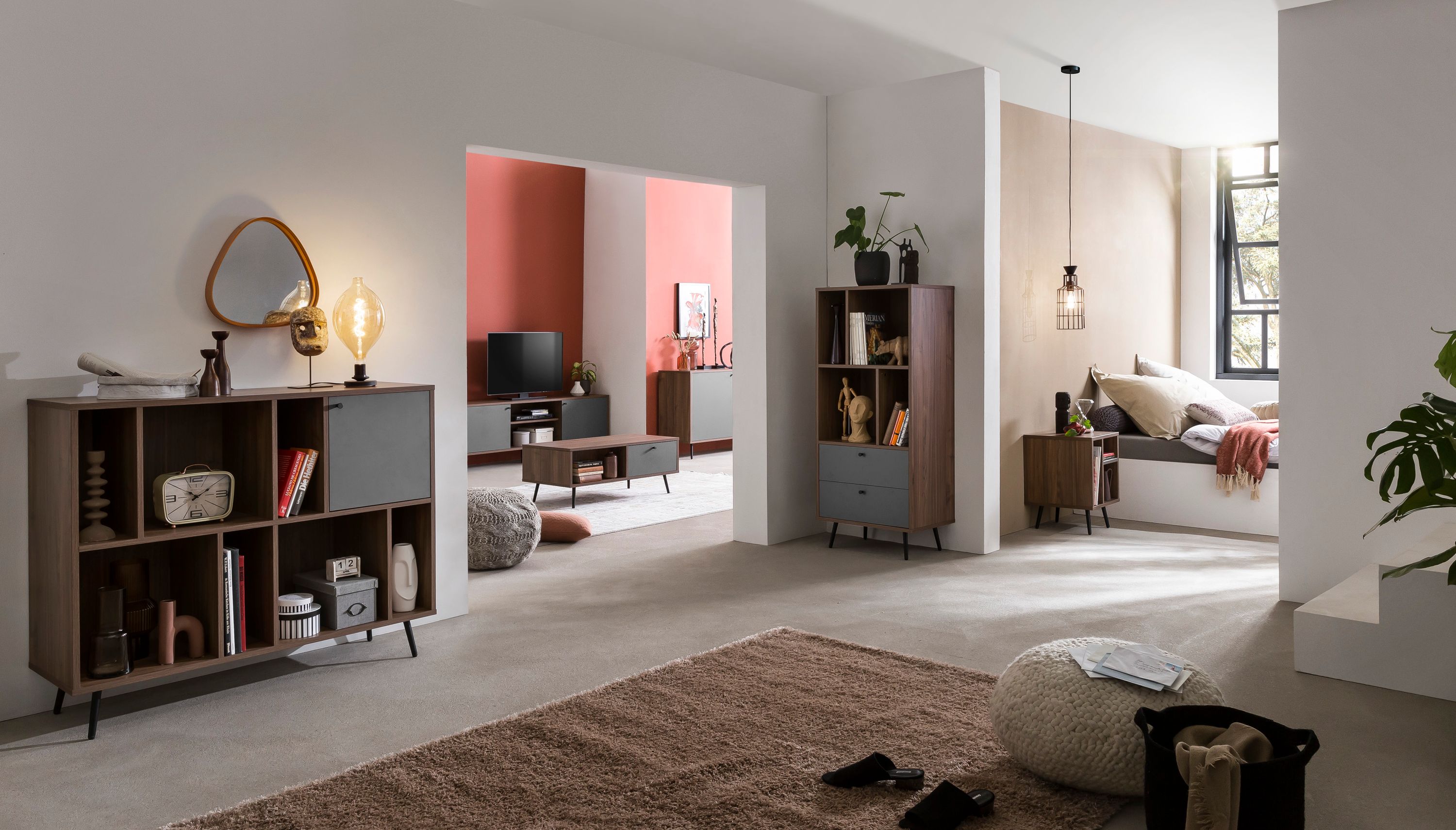 Bücherregal breit Walnuss Grau Standregal Wohnzimmer Regal
