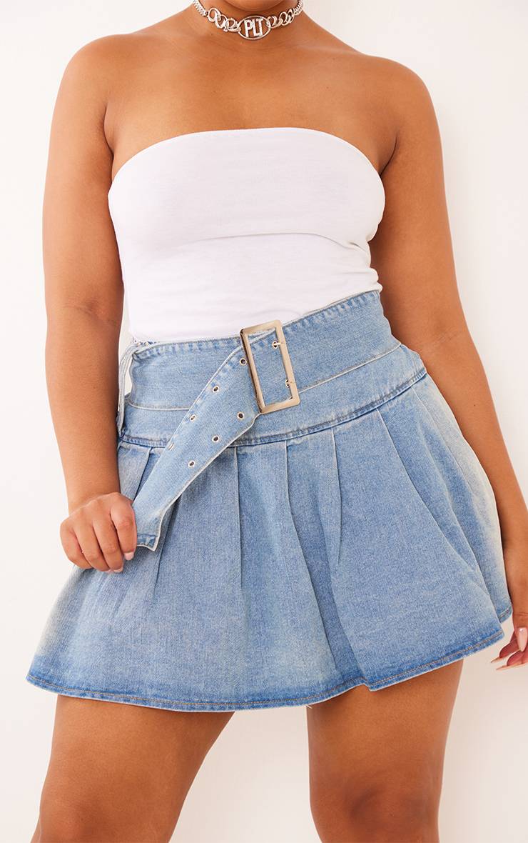 Délavage Vintage Jupe Courte Plissée En Denim Avec Ceinture Grande Taille