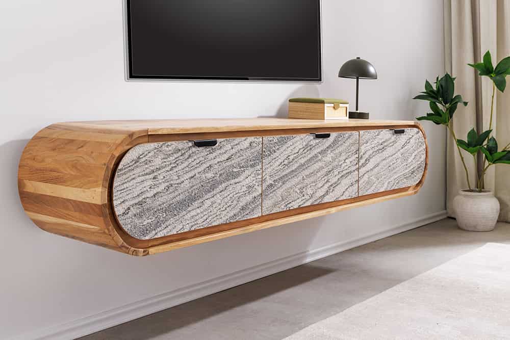 Hängendes TV-Board ORGANIC 160cm natur Akazie schwarz weiß Steinfurnier Schubladen