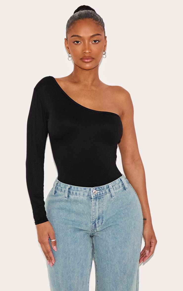 Noir Body En Jersey Moulant À Une Épaule Dénudée