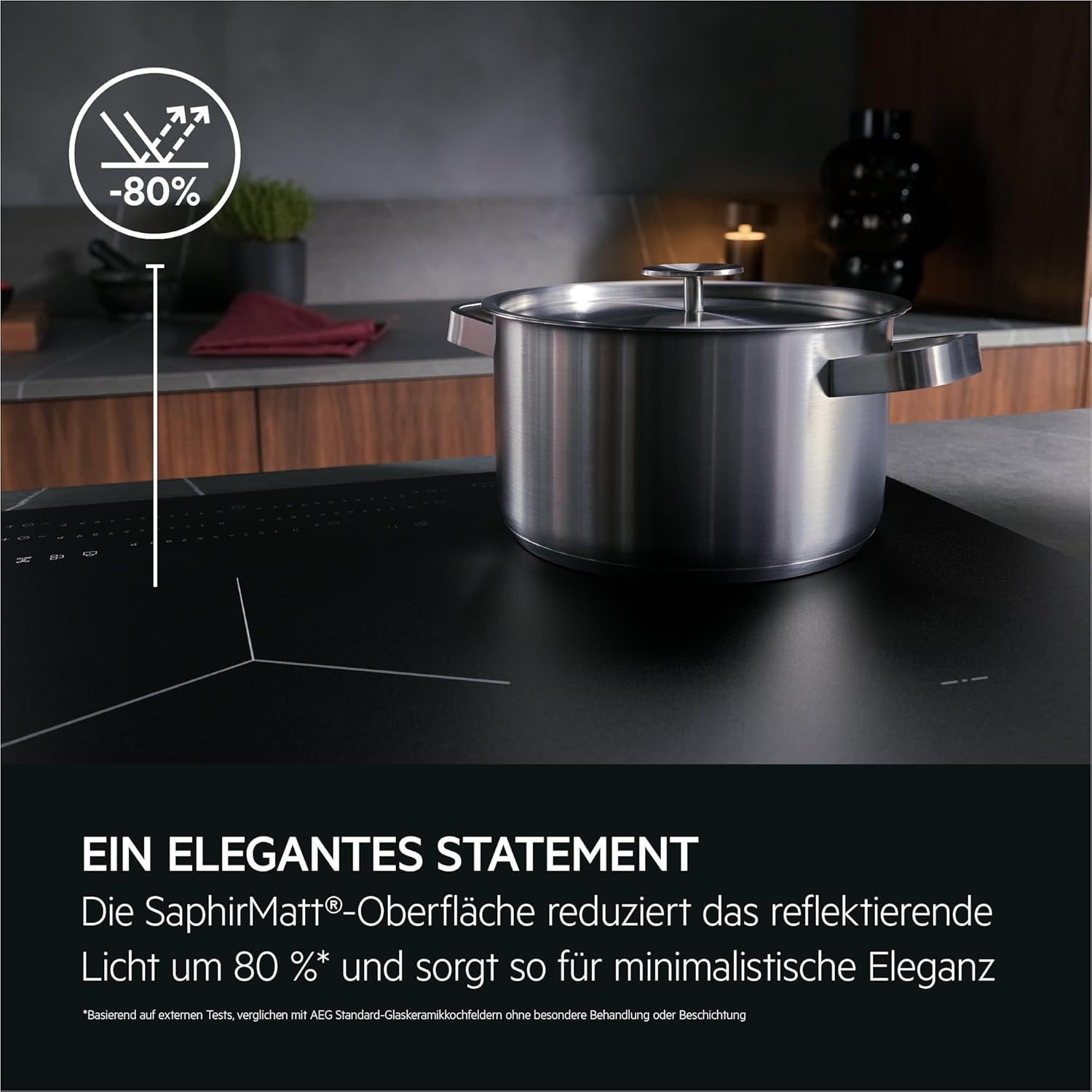 AEG Induktionskochfeld autark 80cm, Made in Germany, 4 Flex-Zonen mit Kratzresistenter SaphirMatt-Oberfläche, Powerfunktion, Bridge-Kombination 2er Zonen, Hob²Hood, Facettenrahmen, TII84B0FFZ