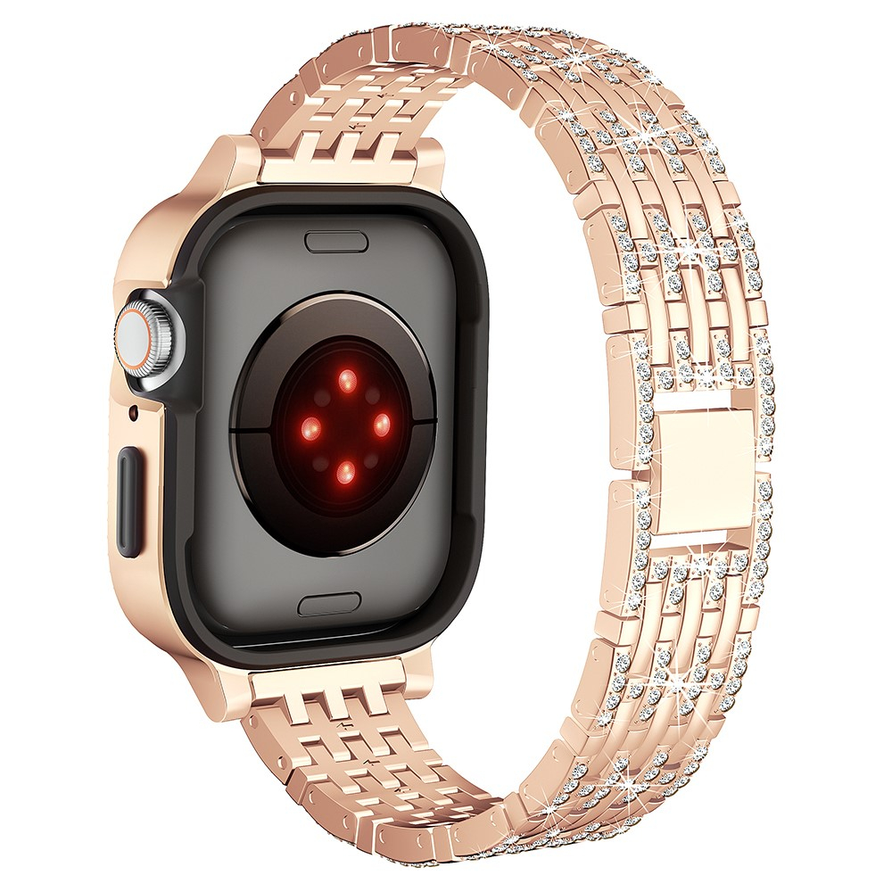 Apple Watch Series 9 / 8 / 7 (45mm) Glitzer Edelstahl Armband mit Bumper Hülle - Roségold