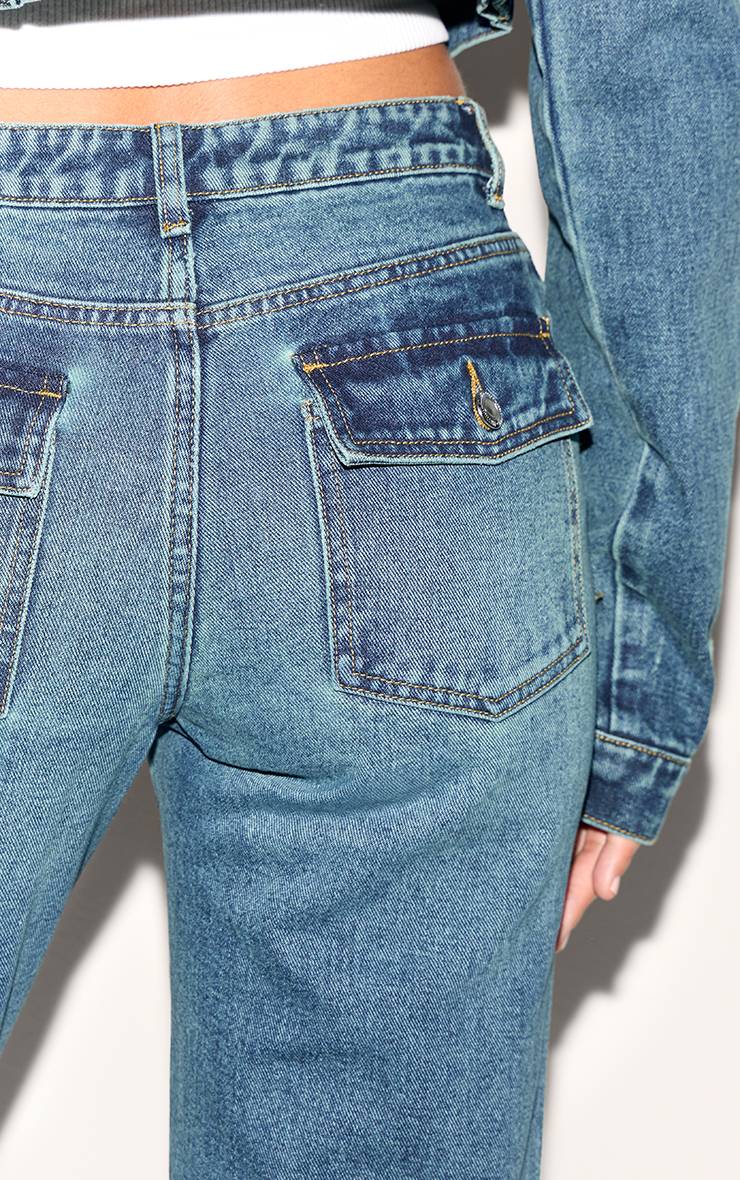 Dark Blue Wash Jean Évasé Tall À Détails De Poches Arrière