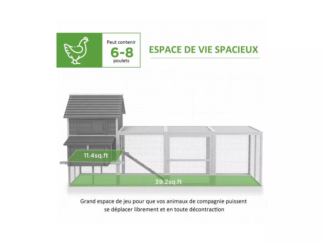 Poulailler cottage cage à poules sur pied dim. 310L x 149l x 149H cm multi-équipement bois sapin gris