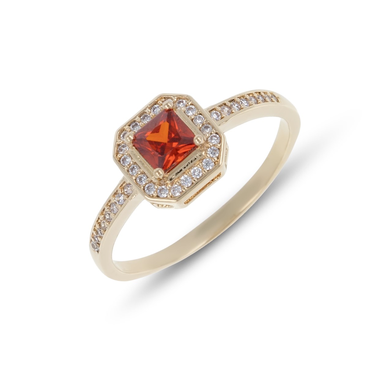 Bague plaqué or grenat synthétique centrale et cubic zirconia