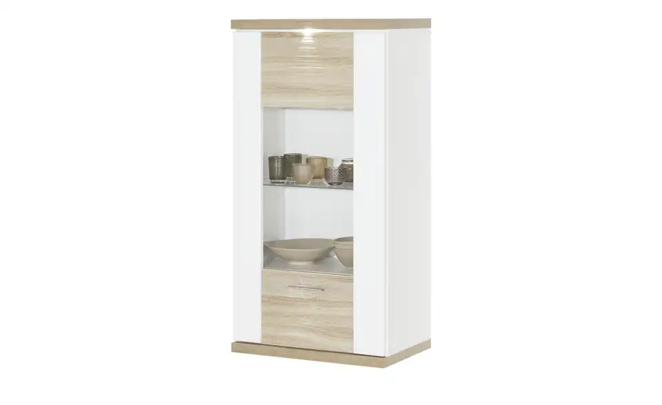 Hängevitrine Toulon Weiß, Eiche sägerau (Nachbildung) links Spotbeleuchtung