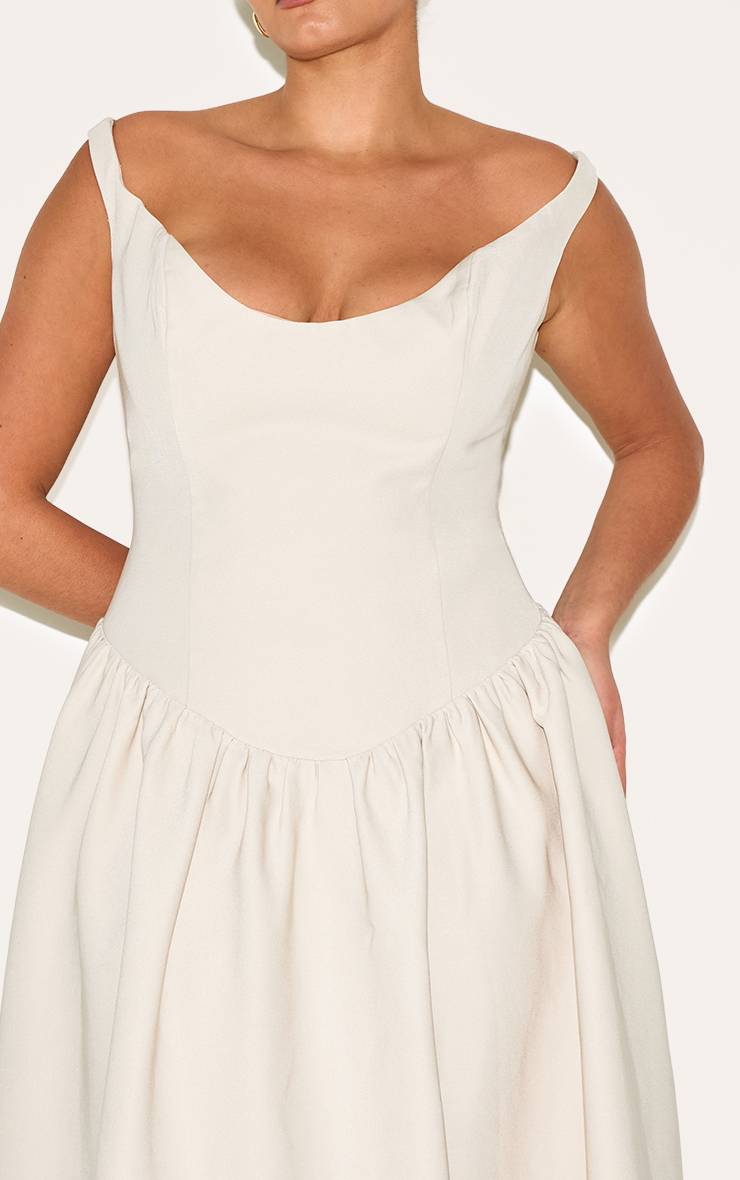 Crème Robe Mi-longue Grande Taille Tissée À Col Bardot Plongeant Et Froncé