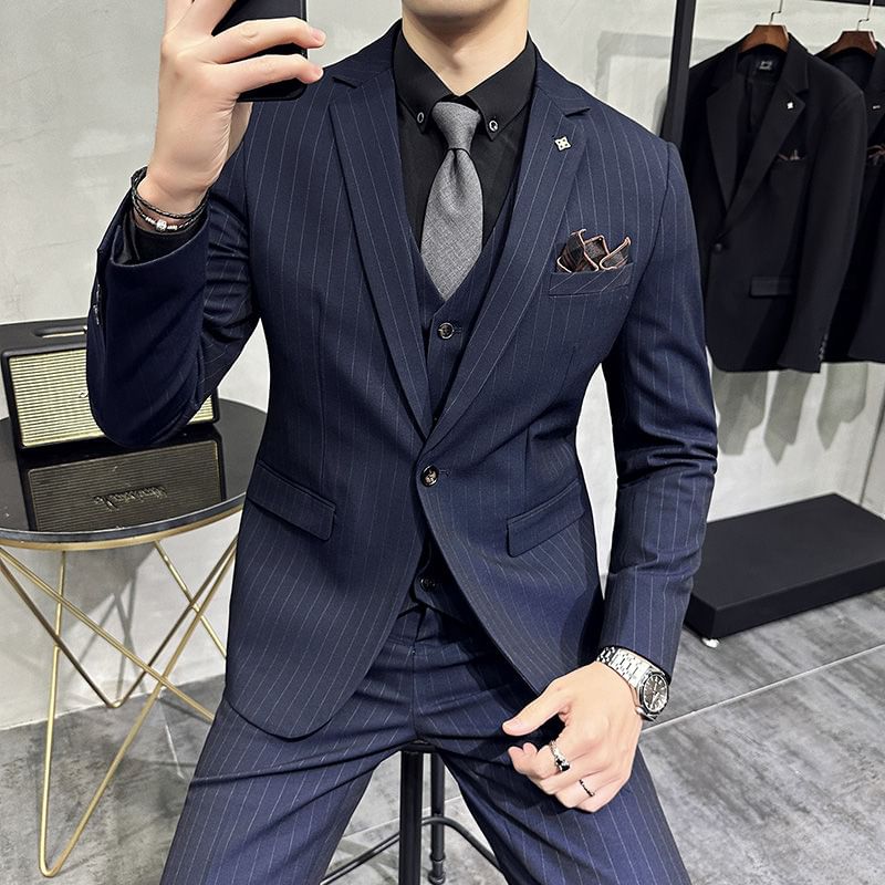 Bay Go Mall - Set: Blazer met reverskraag, krijtstreep en één knoop + vest met enkele rij knopen + pantalon met middelhoge taille
