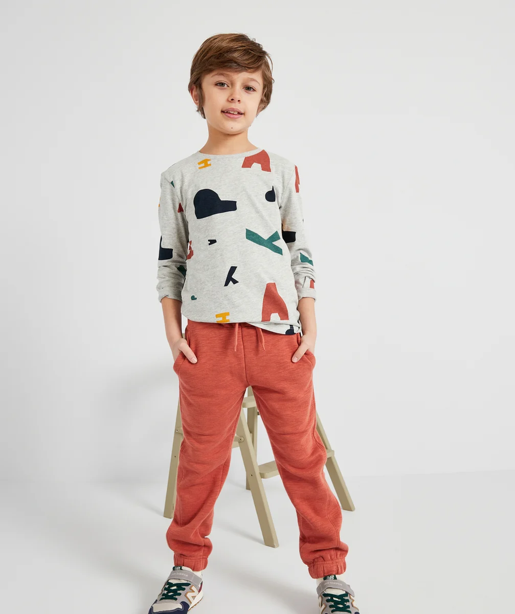 T-SHIRT GARÇON EN COTON BIO GRIS AVEC MOTIFS COLORÉS ET FLOQUÉS
