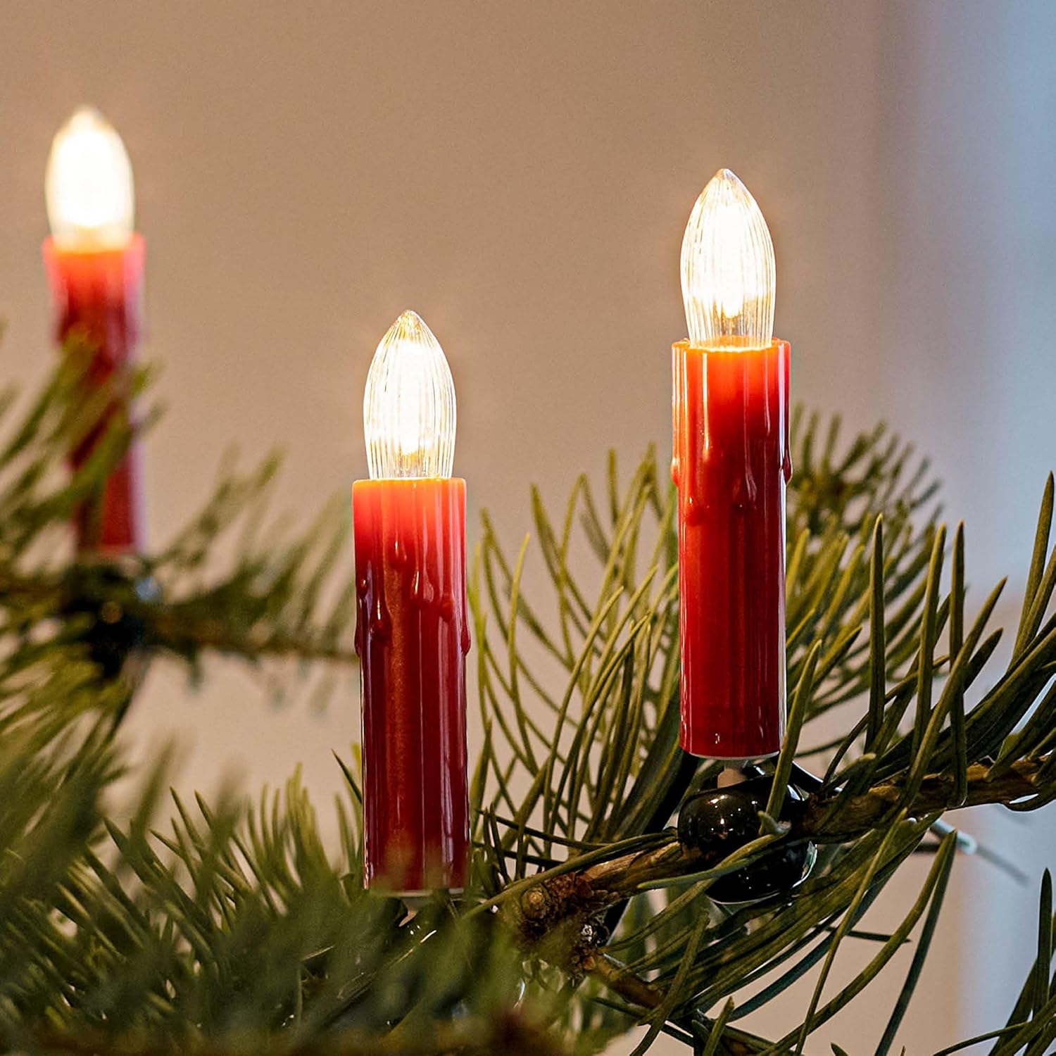 hellum Lichterkette LED-Filament mit Wachstropfen, Made in Germany, Riffelkerzenketten mit Clip, 30 Lichter, beleuchtete Länge 20,3 m, warmweiß, Schaft rot, für Innen, teilbarer Stecker