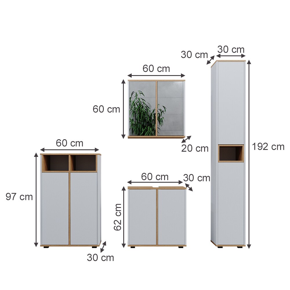 Vicco Badmöbel-Set Didi Weiß Eiche 4 Teile Hochschrank Midischrank mit 2 Türen