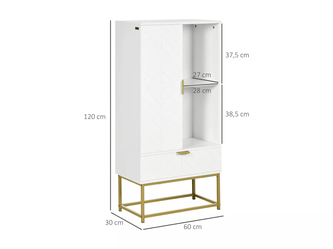 Meuble bas de salle de bain design - porte, étagère, tiroir, 2 niches, 1 tiroir - acier doré MDF blanc