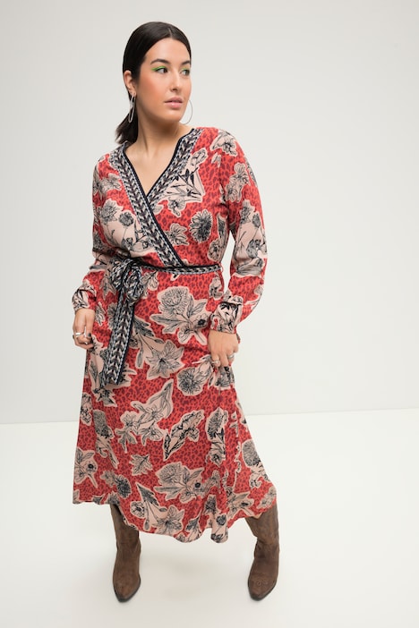 Maxikleid, A-Line, Flowerprint, V-Ausschnitt, Langarm