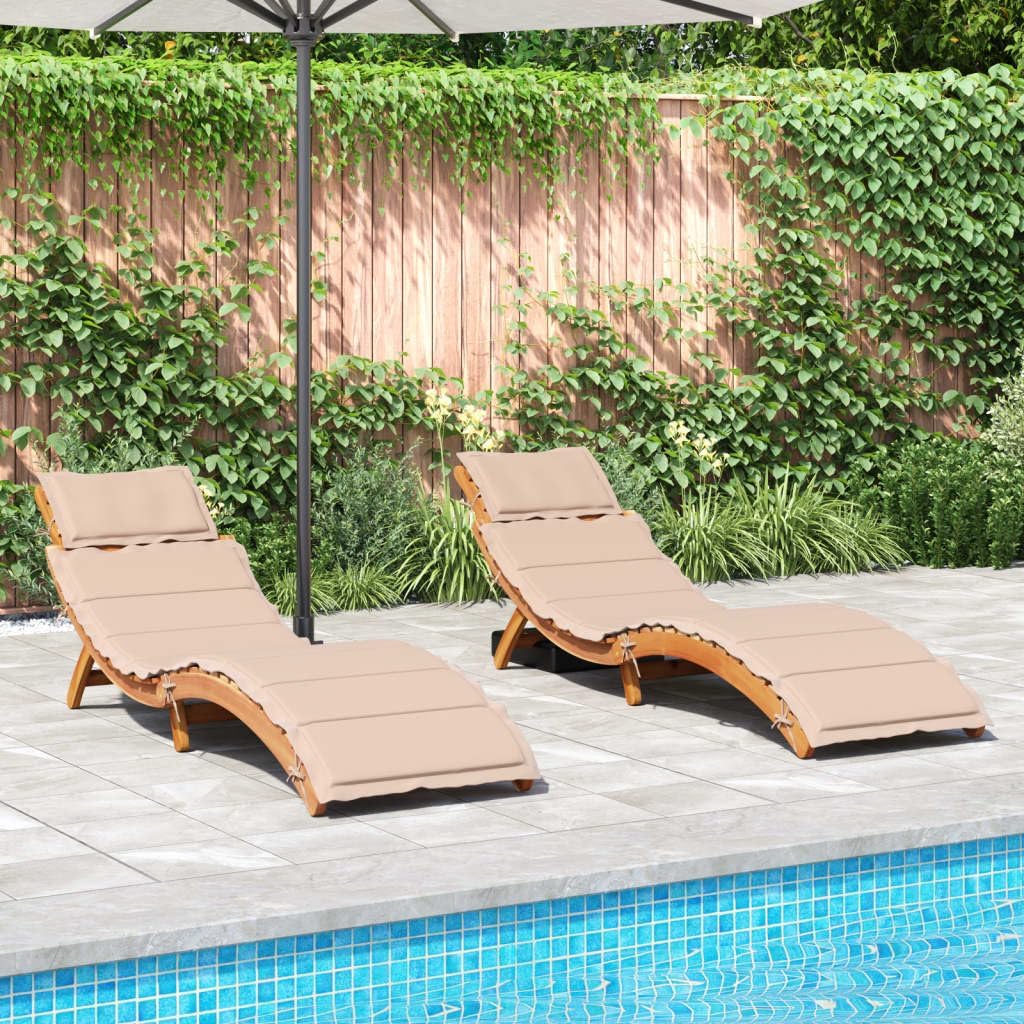 vidaXL Sonnenliegen 2 STK., Gartenliege mit Auflagen, Relaxliege Klappbar Latten-Design, Gartenmöbel Klappliege Liege, Beige Massivholz Akazie