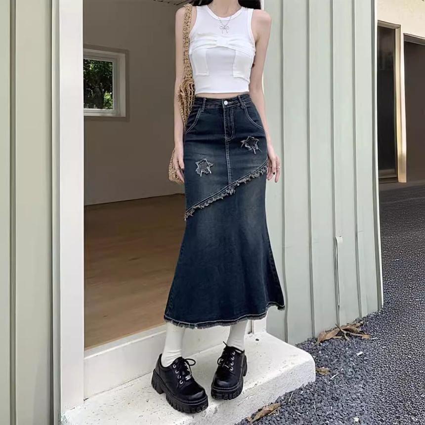 Bolgivy - Midi-rok met hoge taille, sterrenapplicatie en franjes