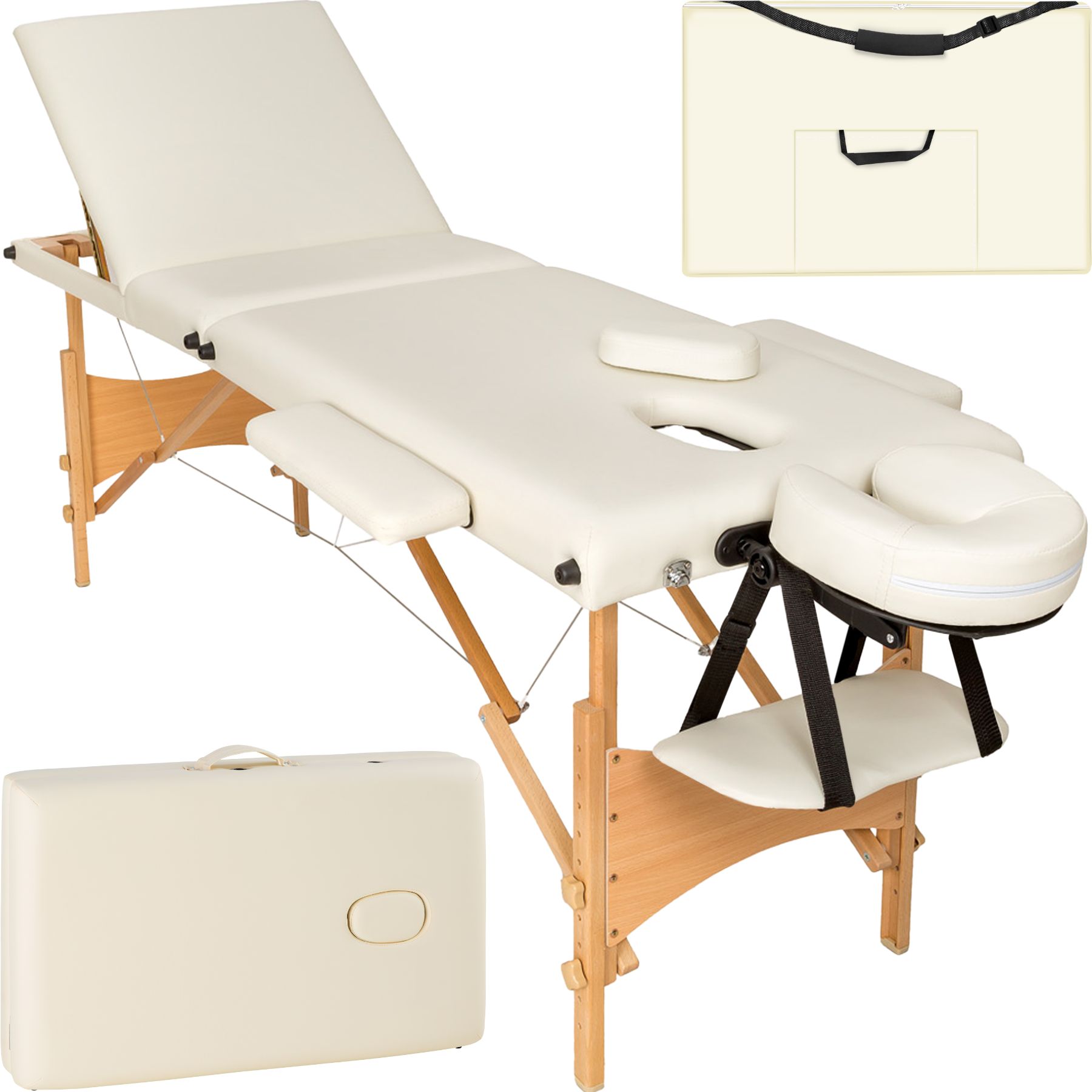 tectake® 3 Zonen Massageliege, mit Holzgestell, verstellbare Ablagen für Kopf und Arme, 210 x 95 x 62 - 84 cm