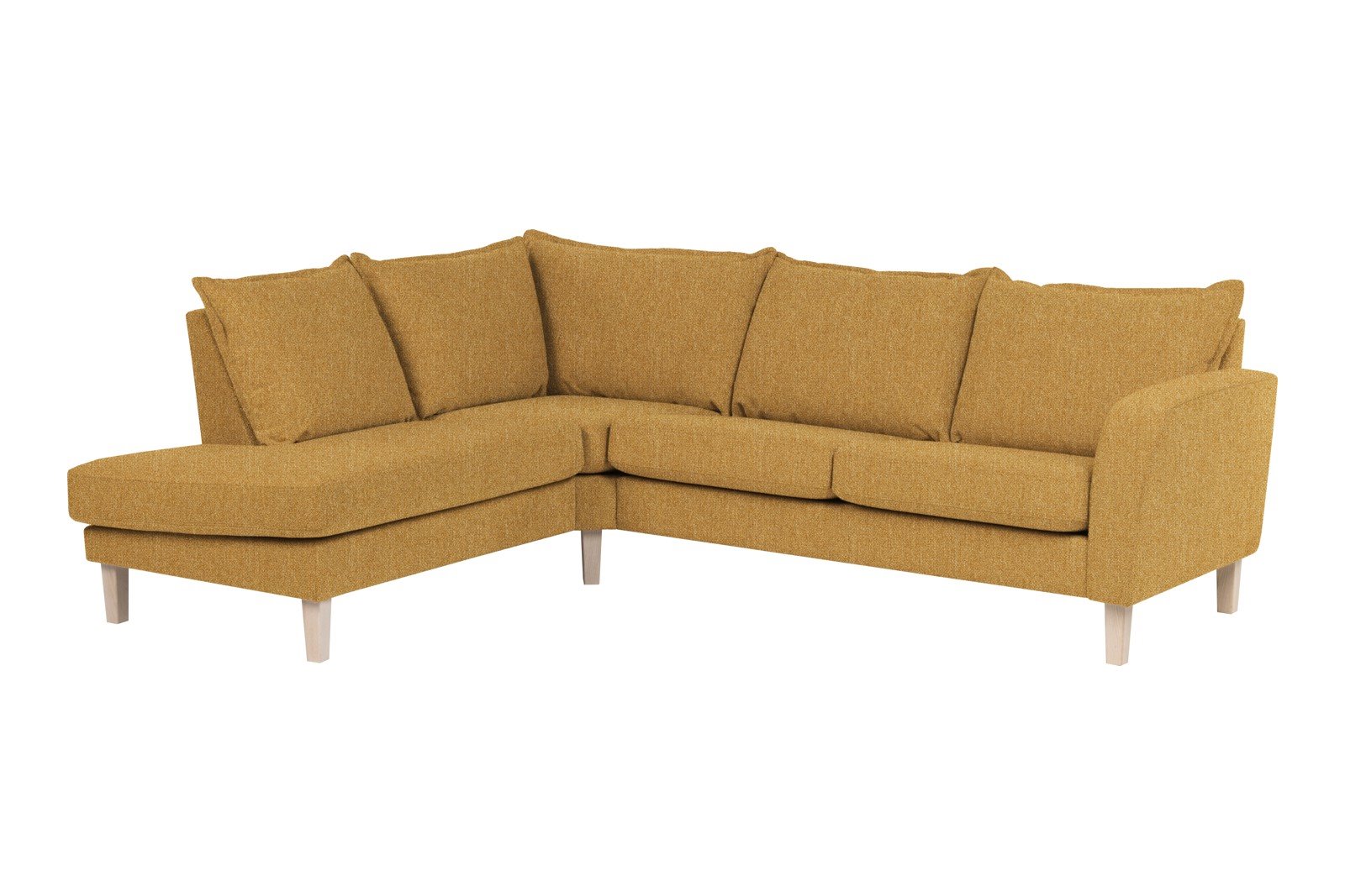 Slogen hjørnesofa Oppsett AV. 2,5-seter med åpen ende venstre. Tekstil Viva Golden med soft ryggpute. Vange A og hvitpigmentert ben 178.