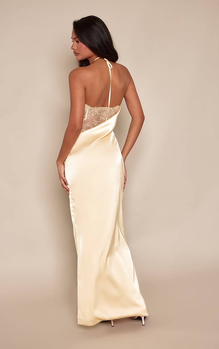 Citron Robe Longue En Satin À Dos Cowl Avec Détails En Dentelle