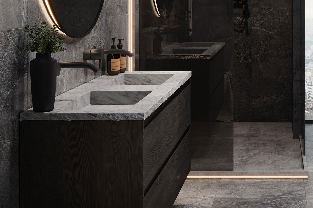 Forzalaqua Reno badmeubel 120cm black oiled met Nova wastafel carrara gekapt met kraangat